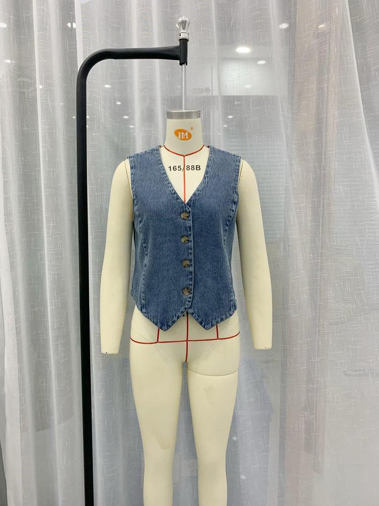 2025 Summer Women's Casual Denim Vest and High Waist Skirt Set with Lapels