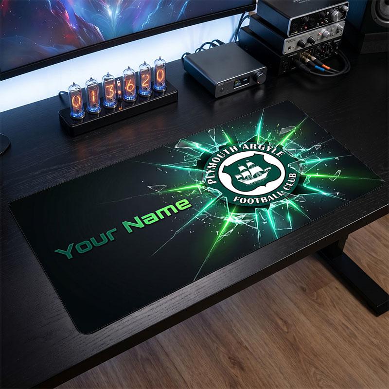 Plymouth Argyle FC Custom Large Mouse Pad, Personalized Name Text Print, Football Logo Non‑Slip Desk Mat Gaming Gift