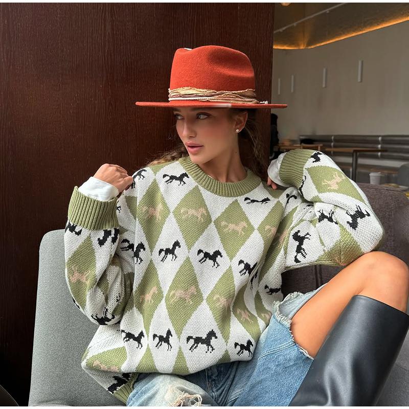 

Жіночий светр з контрастним жаккардом, круглий виріз, модний, універсальний, зелений светр, светр в стилі ромб, жіночий, м який, приємний до шкіри, пуловер L зелений