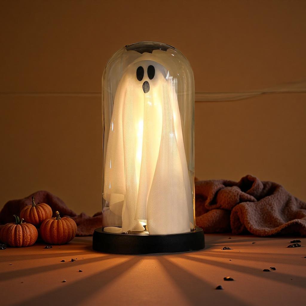 Halloween Decorations Indoor, Lighted Ghost in Glass Dome Cloche, Cute Spooky Halloween Ghost Decor for Tabletop Mantel Display