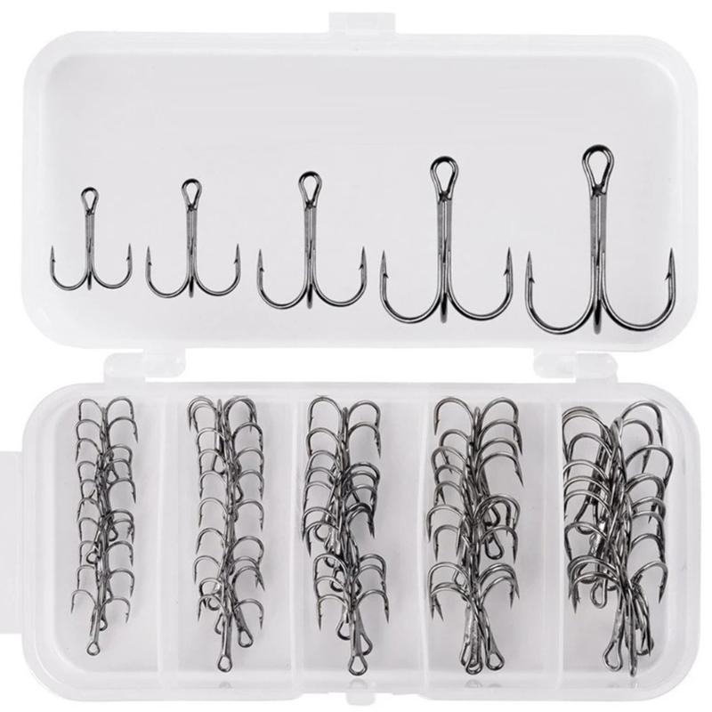 

50Pcs/box Fishing Treble Hooks Set, High Carbon Steel Hooks Sharply Round Bend Treble Hooks Strong Barbed Fishing Hooks 1