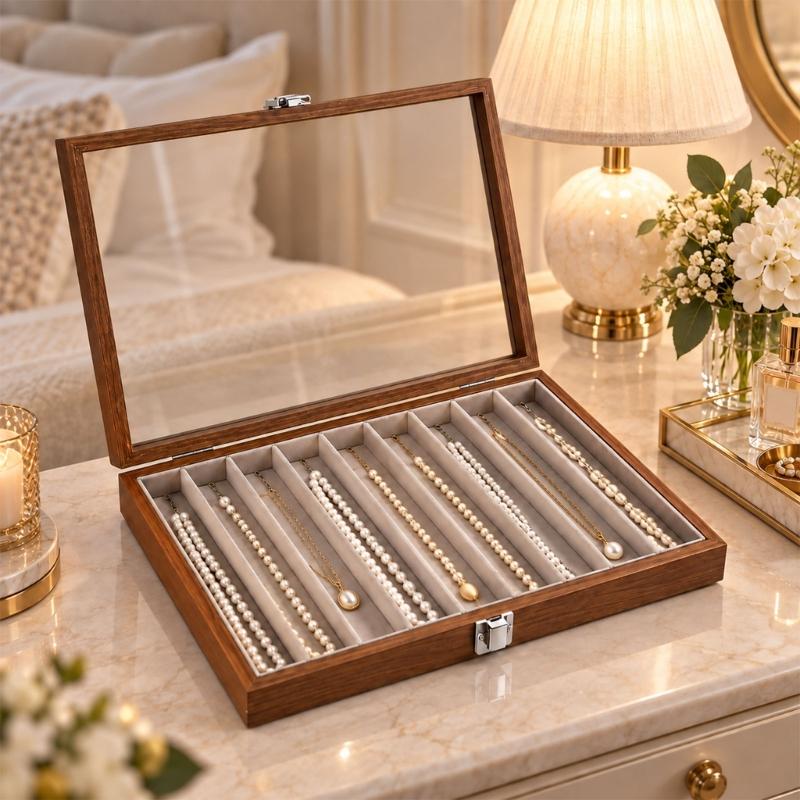 Necklace Storage Display Box with Clear Glass Lid, Separate Long Compartments, Front Clasp and Black Walnut Pattern