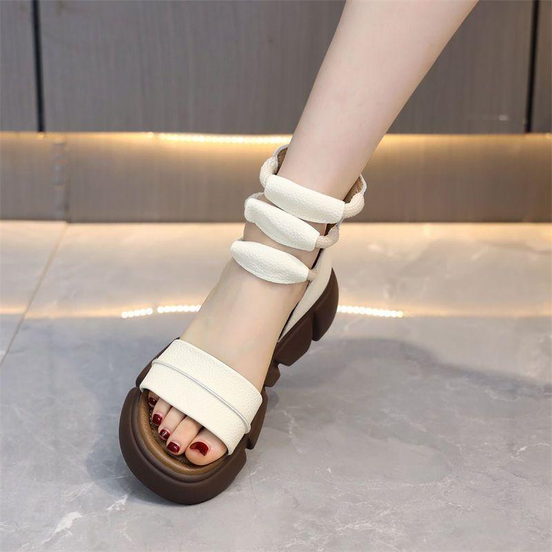 Sandalias de plataforma retro de cuero suave de caña alta para mujer 2025 verano romanas muffin suela blanda boca de pez puntera abierta casual botas frescas