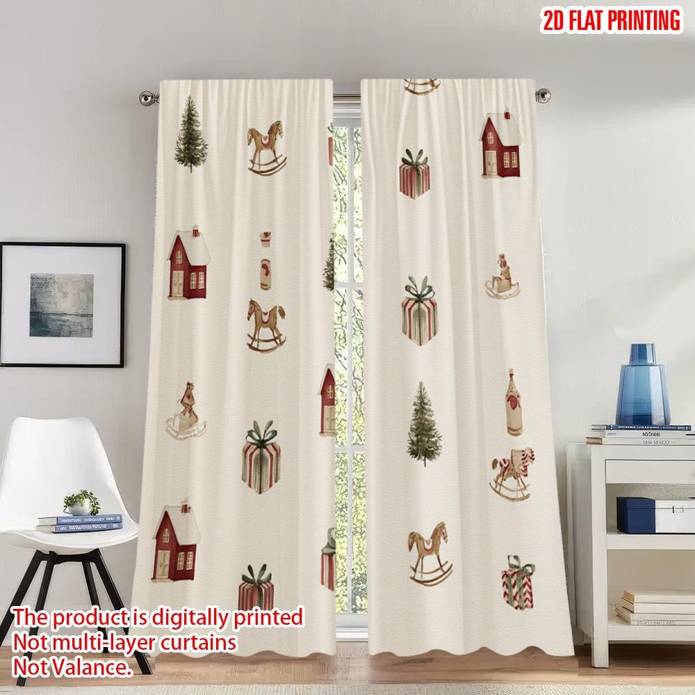 

2pcs 2D flat printing Christmas Hot Party Curtains Christmas Holiday Gift Bauble Tree Digital Printed Polyester Drapes Festive 100*130 Grommet Top 1pcs