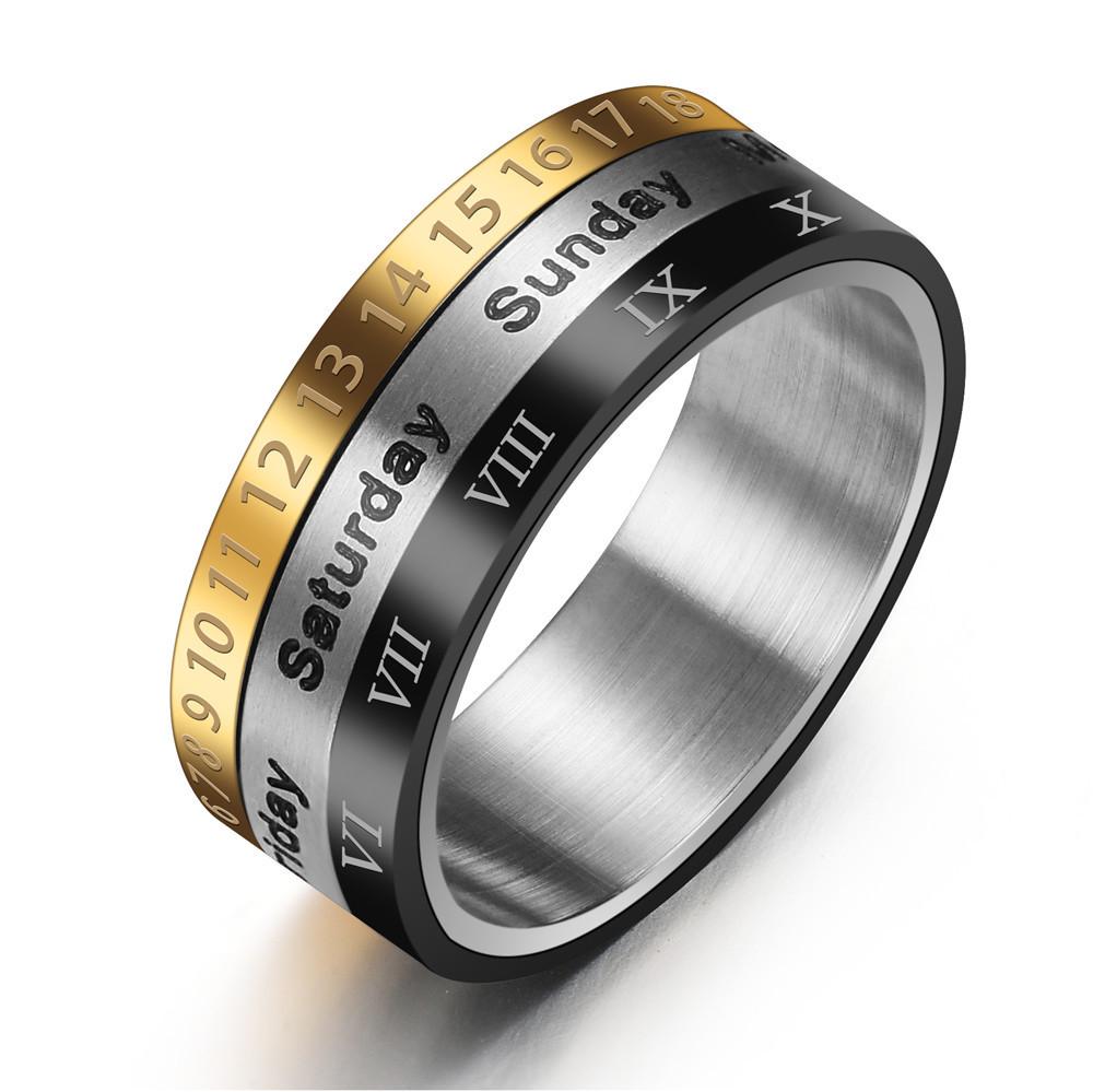 Three-Color Roman Calendar Titanium Steel Ring - Korean Style Men s Accessory Size 12