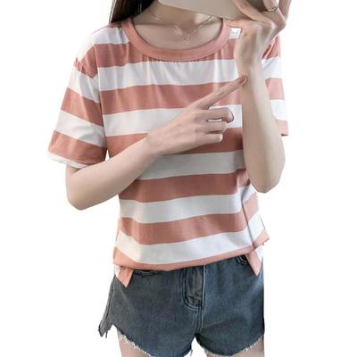 Maglietta estiva scollo tondo manica corta T-shirt stampa a righe traspirante versatile vestibilità ampia Top Streetwear