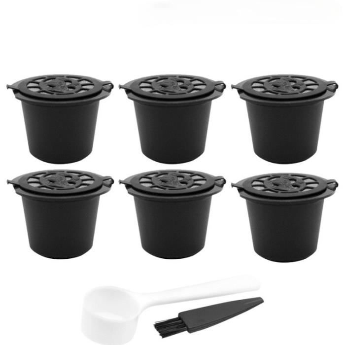 Capsules de Café Réutilisables - Nespresso - 6pcs - Noir - Plastique - Avec Cuillère et Brosse