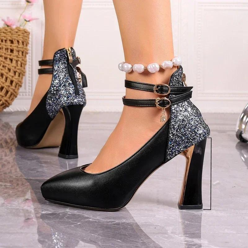 Spring and Summer Elegant Rhinestone Decorated Sexy Fashionable Women's Shoes Comfortable Casual High Heels Chaussure Femme