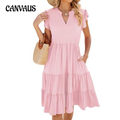 Summer Women's Solid Colour V-Neck Loose Short Sleeve Waist Splicing Dress