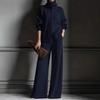 Women's High Neck Button Front Knit Sweater Top and Wide Leg Pants Lounge Set in Gray