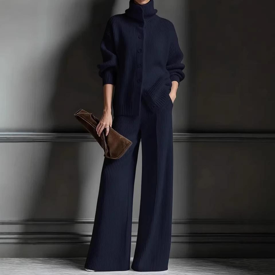 Women's High Neck Button Front Knit Sweater Top and Wide Leg Pants Lounge Set in Gray