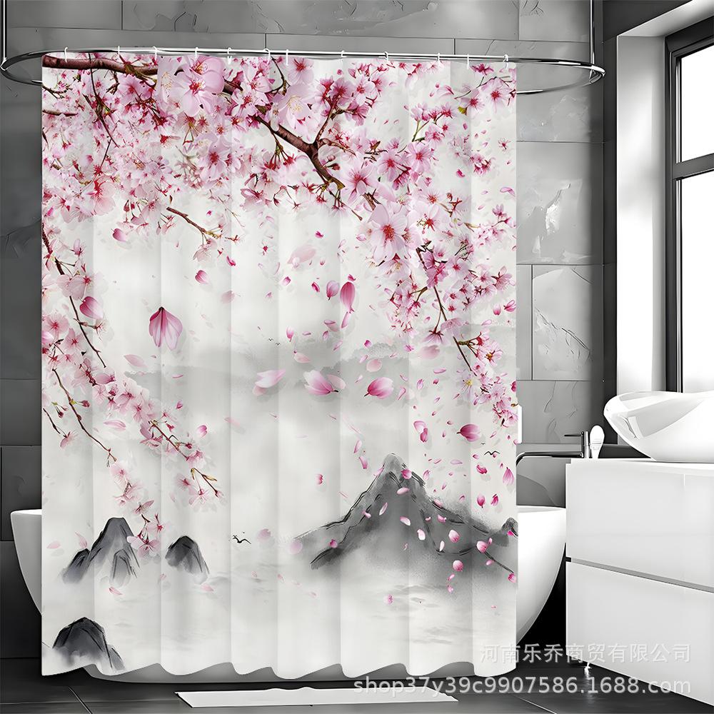Exquisite Peach Blossom Shower Curtain Set - Water-Resistant & Quick-Drying, Includes 4 Pieces