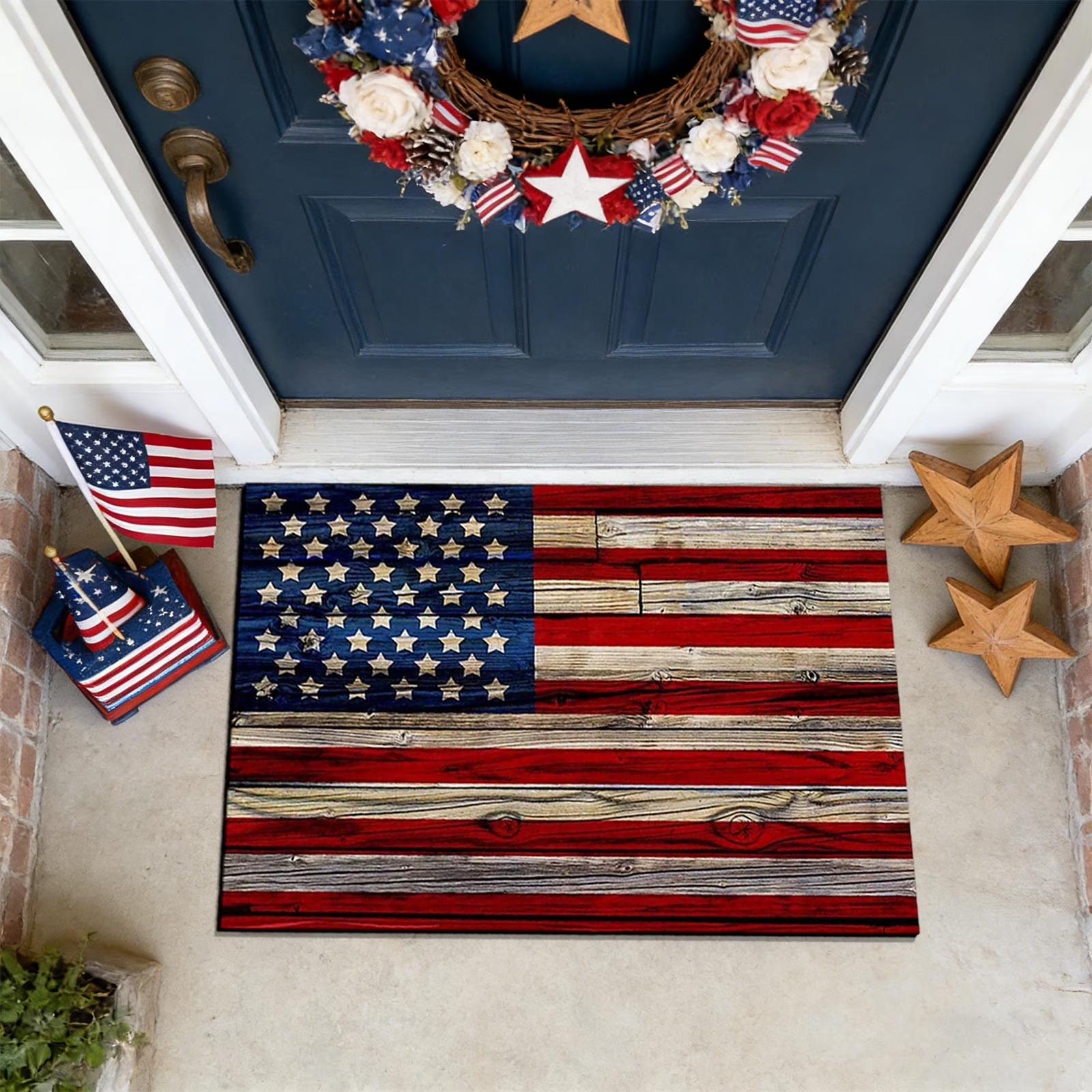 Outdoor Doormat with American Flag Design Wooden Texture Pattern Non-Slip Entrance Rug Dirt Trapping Floor Mat Suitable for Front Door One Size