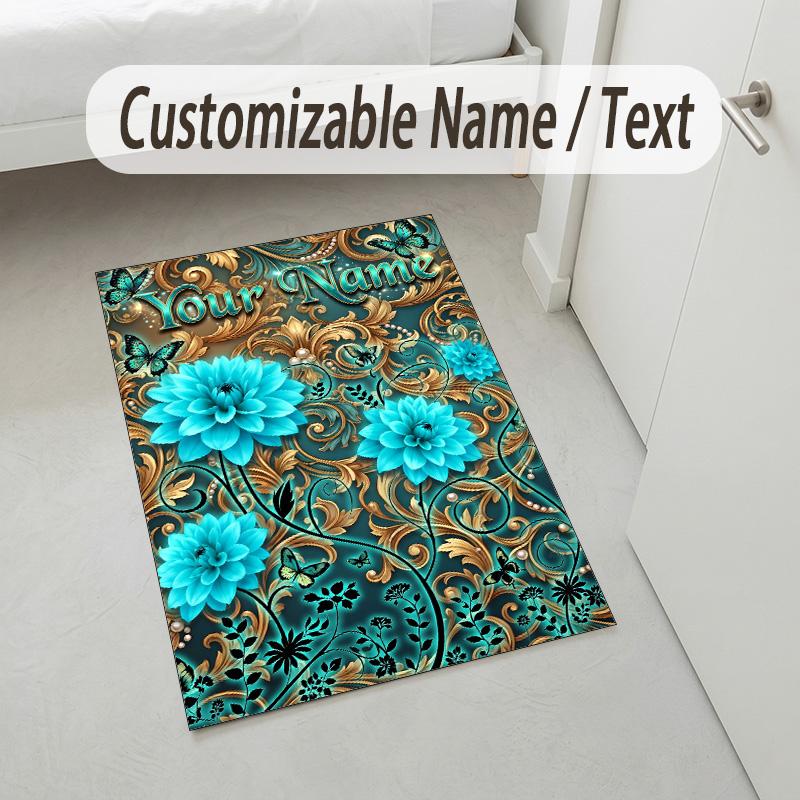 Floral Garden Theme Crystal Velvet Rug Personalized Custom Name Text Soft Floor Mat Home Decor