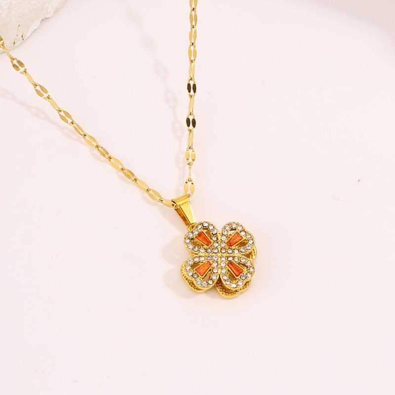 Necklace Light Luxury High Sense Niche Titanium Steel Necklace Trendy Brand Four-leaf Clover Rotatable Temperament Versatile Zircon Necklace Women
