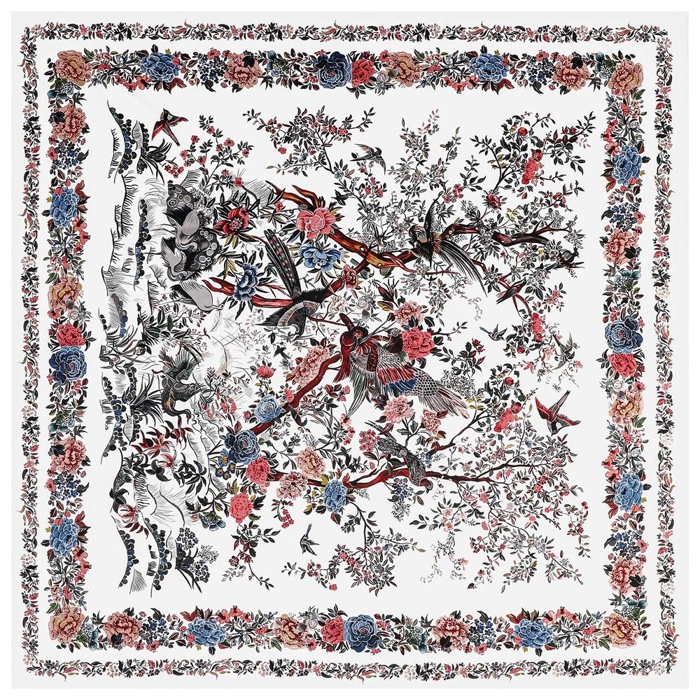 130CM Women Large Shawl Floral and Bird Printed Square Scarves Bandana Luxury Ladies Kerchief Hijab Scarf