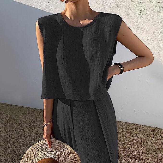 Spring/Summer 2023 Cotton Linen Casual Two-Piece Set: Sleeveless Top & Wide-Leg Pants for Women