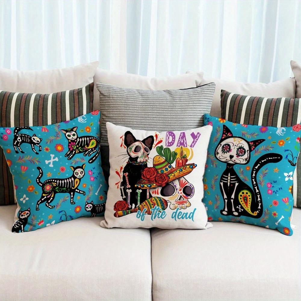 Home Decor Day Of The Dead Cat And Skull Pillows Pattern Cushion Cover Suitable For Sofa Bedroom Car Pillow Cover