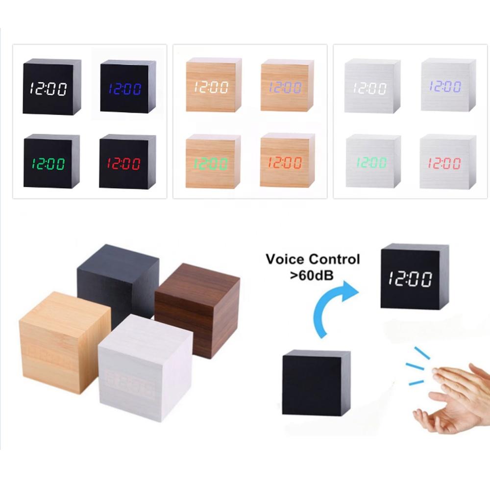 2022 Tabletop Temperature Time Display Electronic Wooden LED Digital Pixel Wireless Alarm Table Clock with Sound Control