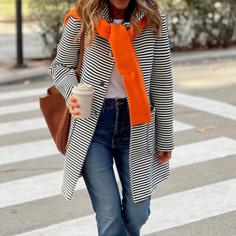 Women's Autumn and Winter New Temperament Striped Cardigan Hooded Knitted Long-sleeved Jacket