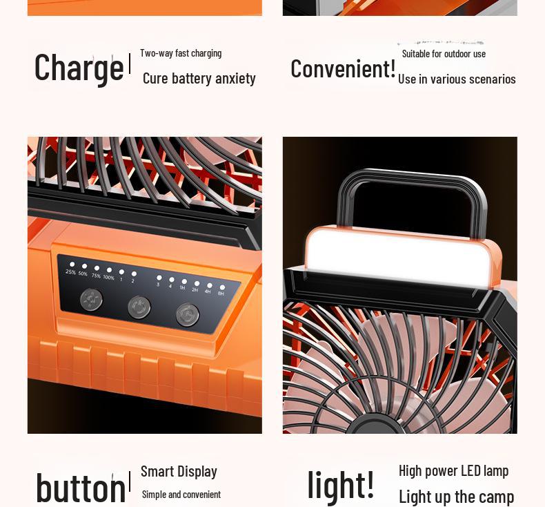 USB Rechargeable Portable Desktop Outdoor Fan with Strong Wind, Remote Control, Lighting, and Oscillating Head for Camping