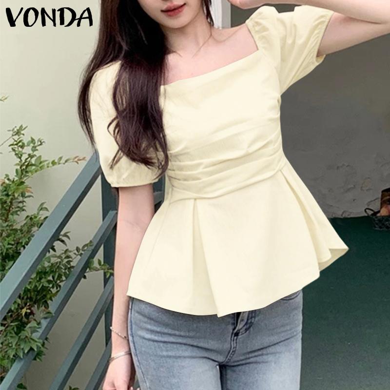 VONDA Women Square Collar Puff Sleeve Ruffled Casual Rumple Blouse
