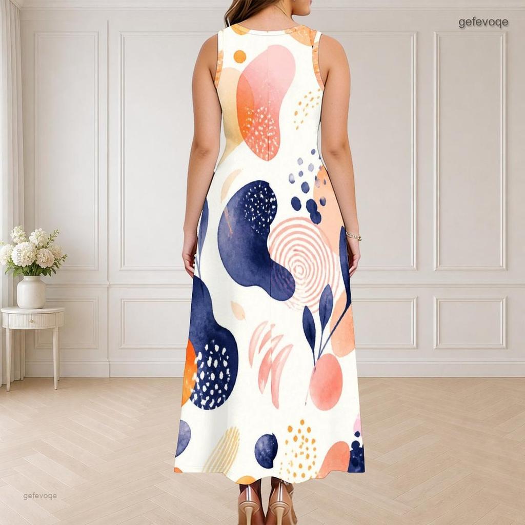 Women Plus Size Round Neck Triple Keyhole Sleeveless Abstract Printed Maxi Dress