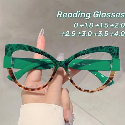 Óculos de Leitura Oversize Cat Eye Design Color Blocking Lentes Verdes Estampa de Leopardo Óculos para Presbiopia Linha Adorno Gradiente