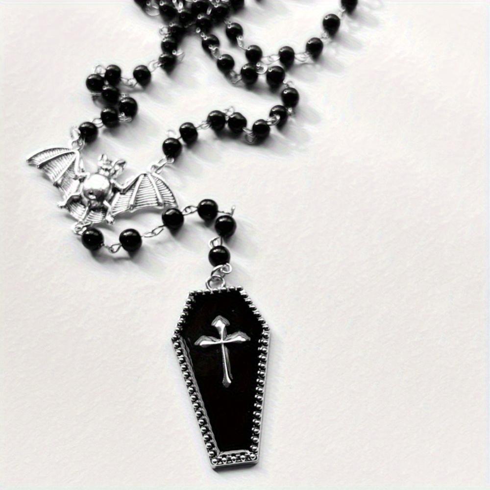 

1pc Gothic Y2K Style Beaded Necklace with Bat & Red Cross Pendant - Black Beads, Copper Accents, Perfect for Parties, Graduations, and Travel, Gothic