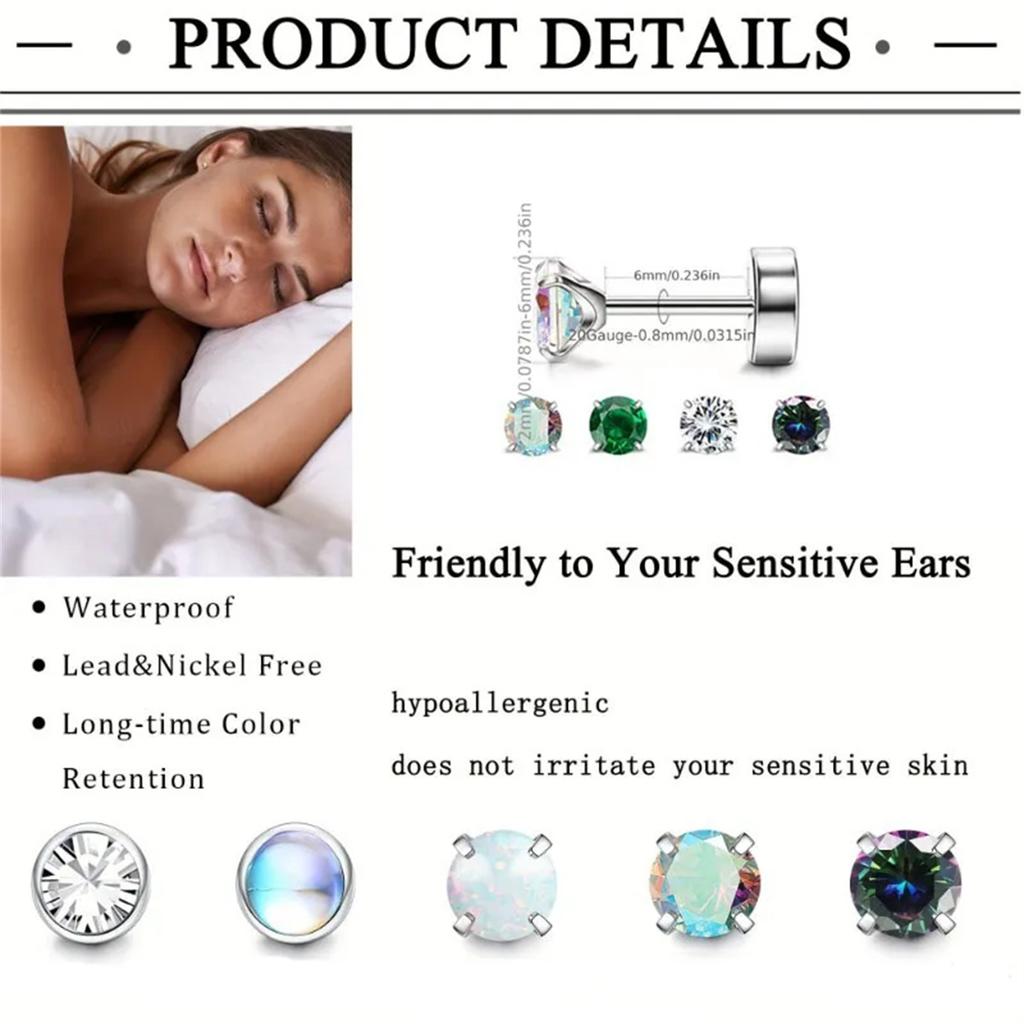 8 Pcs 20G Hypoallergenic Cubic Zirconia Flatback Earrings 316L Stainless Steel Body Piercing Jewelry for Women and Men