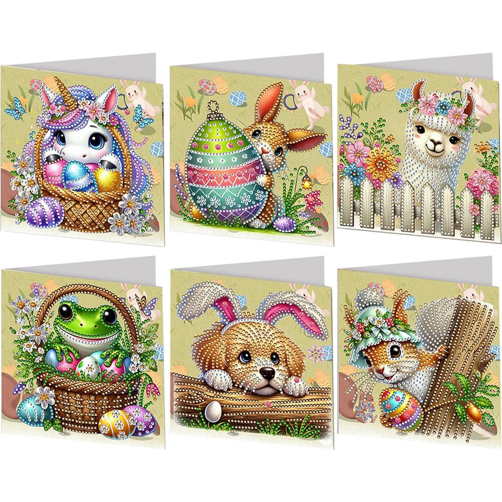 6Pcs Easter Cats DIY Diamond Painting Card Rhinestone Painting Card Kit Diamond Painting Greeting Card for Holiday Party Favors