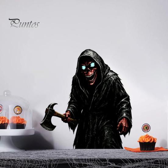 Creepy Ax Man Wall Decor Halloween Reaper Sticker, Scary Black Robed Demon with Decal, DIY Gothic Murals PVC Waterproof Art for Home Window Glass Easy
