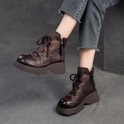 Fashion GKTINOO 2025 Genuine Leather Platform Boots Spring Autumn Handmade Thick Soled Ankle Boots Lace Up Round Toe Women's Shoes
