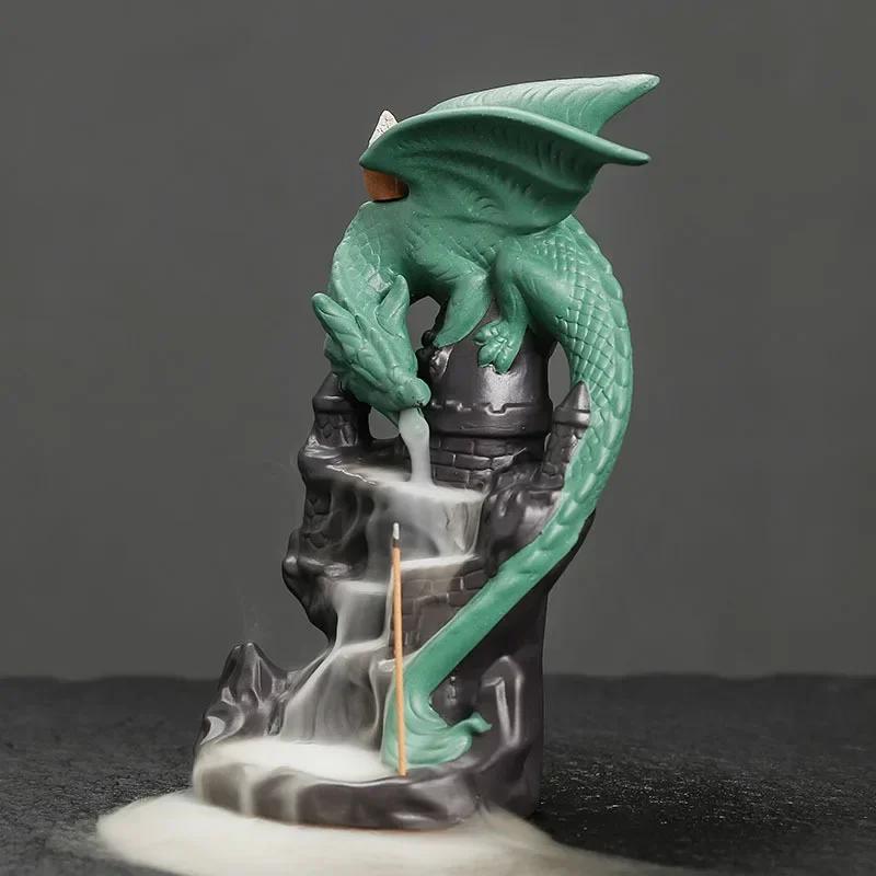 1pc Ceramic Waterfall Backflow Incense Burner with Winged Dragon Castle Design for Lucky Feng Shui Home Decor (Without Incense)