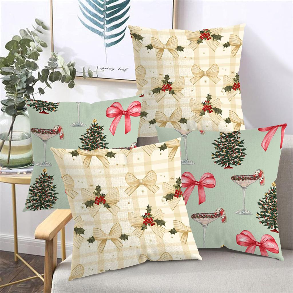 Christmas Pattern Pillows With Bow Tree And Wine Glass Polyester pillowcase, sofa decorative cushion cover, bedside throw pillow