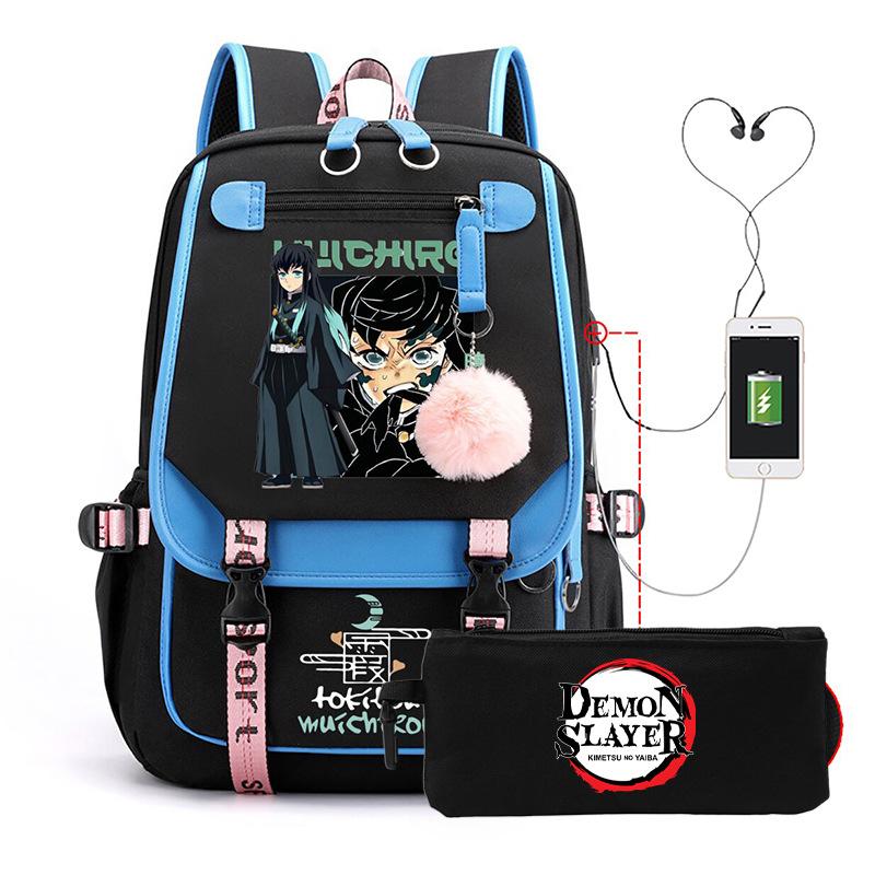 Casual Korean version schoolbag ghost extermination animation two-dimensional trend boys and girls USB backpack two-piece set