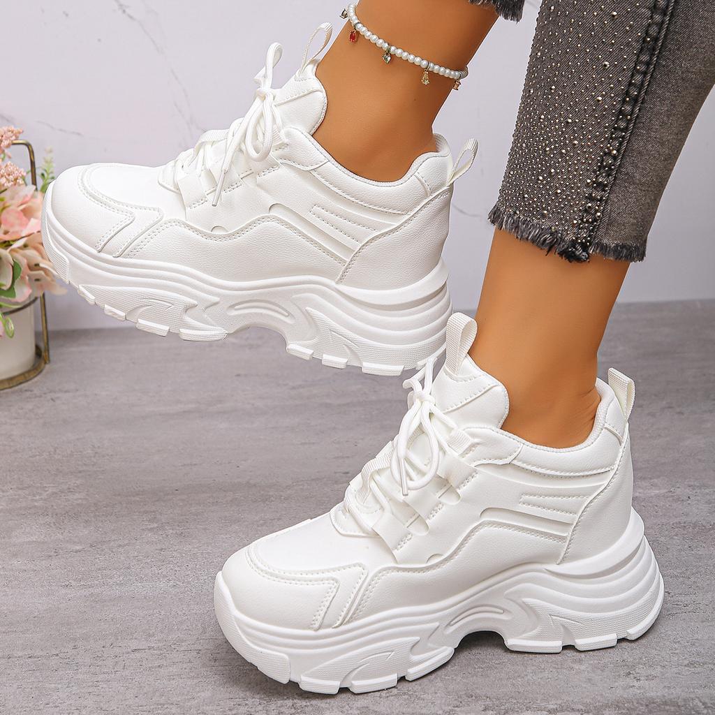 Women's Chunky Sneakers White Black Leather Platform Sneakers for Women Height-increasing Shoes Thick Sole Casual Shoes Woman