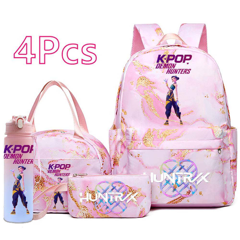 4Pcs/set Cartoon K-Pop Printed Backpack Handbag Pencil Case with 750Ml Water Bottler for Teenager Boy Girl Schoolbag Large Capacity Bookbag Mochila