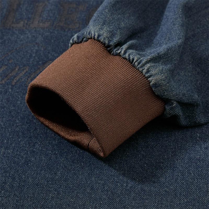 Mens Washed Denim Long Sleeve Polo Shirt Loose Fit Collar Top With Letter Print Streetwear Casual