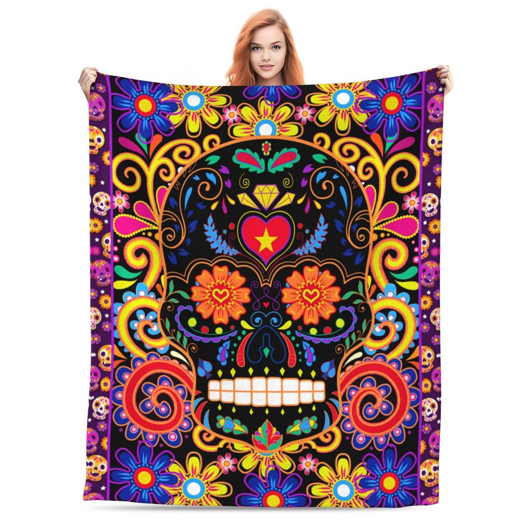 Vintage Day of the Dead Printed Flannel Blanket All Seasons Skull Digital Printed Blanket