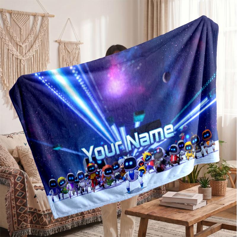 Astro Bot Personalized Flannel Blanket, Custom Printed Text Name, Warm Soft Blanket For Couch Bed
