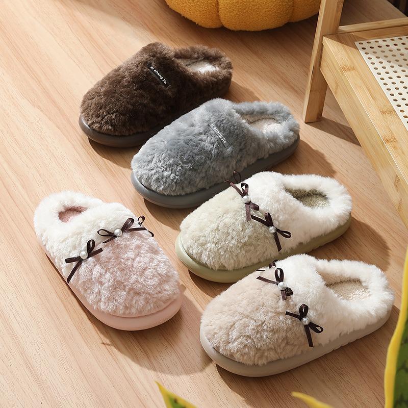 New winter pearl bow women thermal cotton slippers couple home bedroom fluffy floor mop