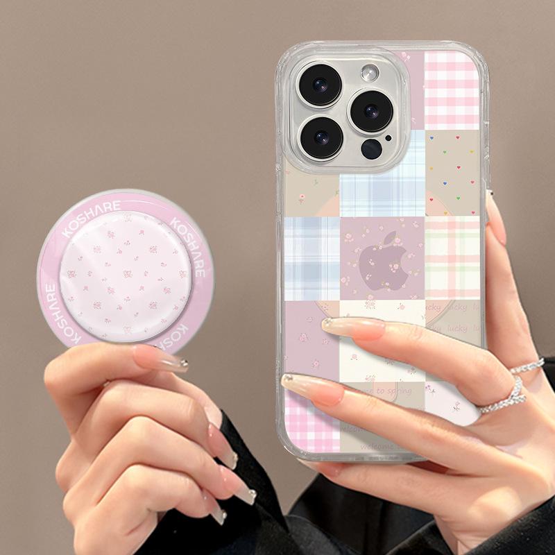 Plaid Floral Magnetic Suction Bracket Suitable for Apple 16promax Mobile Phone Case Iphone15 Transparent 14 Silicone 13 Women