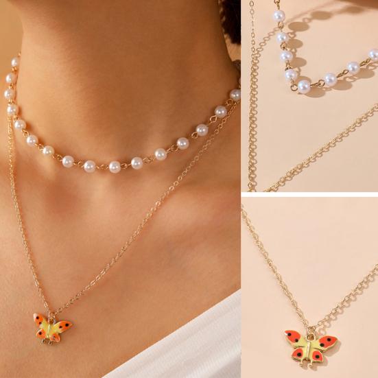 

Stylish Imitation Pearl Butterfly Pendant Double Layers Chain Choker Necklace