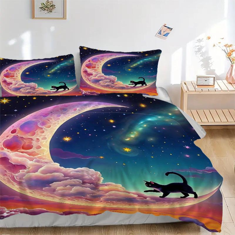 3-teiliges Anime-Katzen-Mond-Galaxie-Bettwäscheset - Enthält eine Bettdecke und zwei Kissenbezüge (Kein Kern) - Polyesterstoff, Fantasie-Design für Bettwäsche