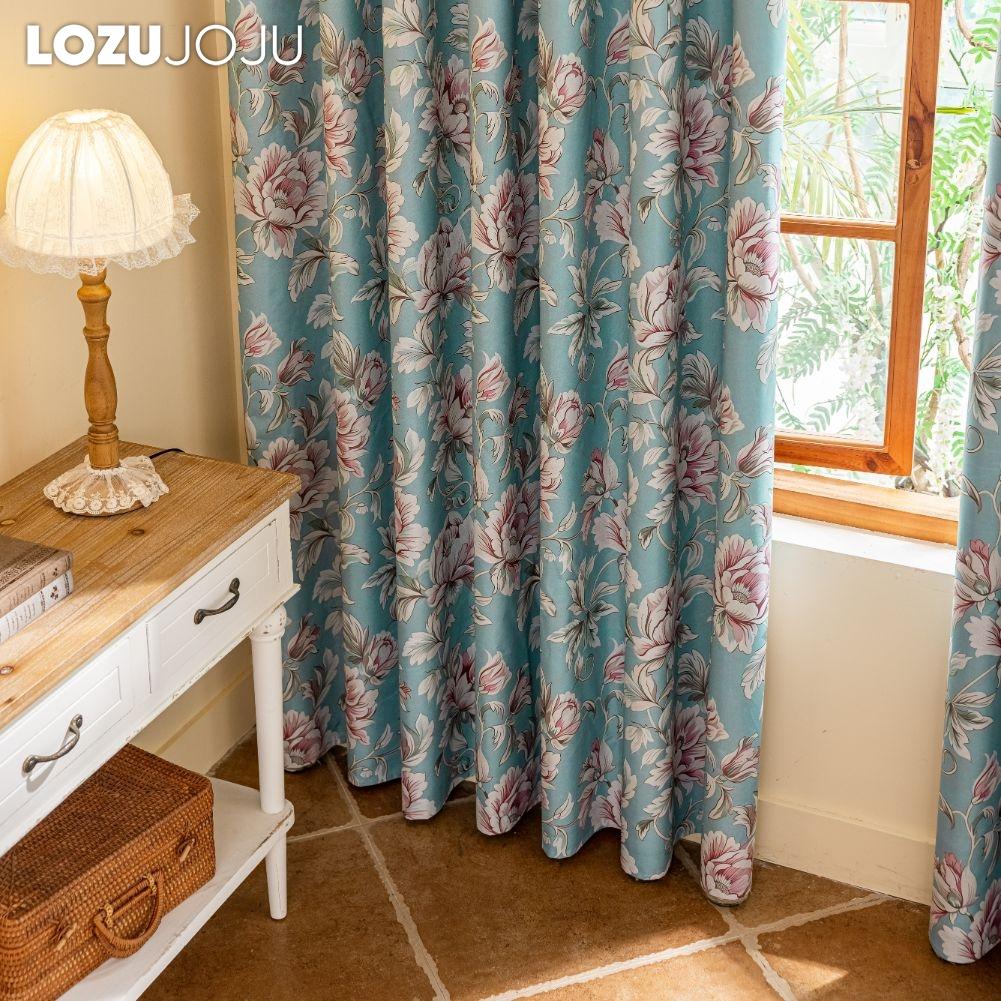 1PC LOZUJOJU American Countryside Style Peony Printed Blue Curtains with Full Blackout Curtains for Bedroom Living Room Balcony Window for Home Decor