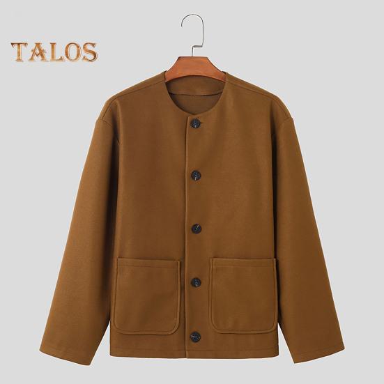 Men Woolen Coat Round Neck Long Sleeve Single Breasted Regular Fit Solid Color Jacket with Pockets Winter Overcoat