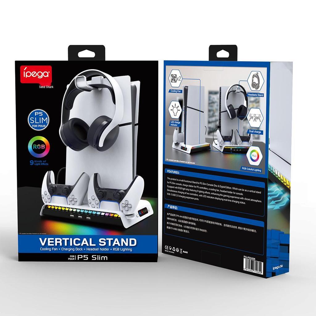 PS5 PRO/Slim RGB Cooling Station: Console Stand, Controller Charger, Disc Storage & Headset Rack