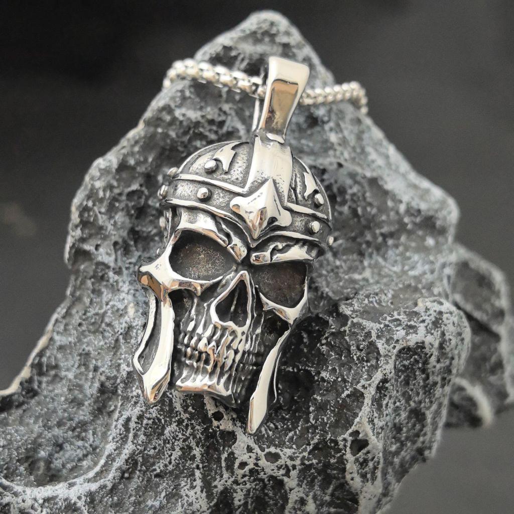 Stainless Steel Skull Pendant Viking Warrior Helmet Necklace Men's Trendy Accessories
