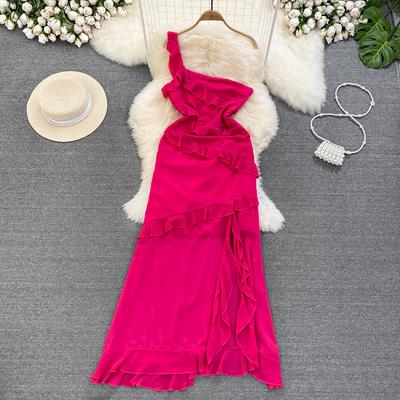 Women's Light Luxury Temperament Single Side Strapless Waisted Slim Split A-line Ruffle Dress